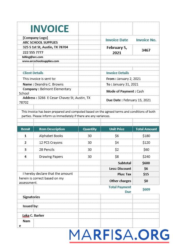 Blank School Supply Order Invoice Template